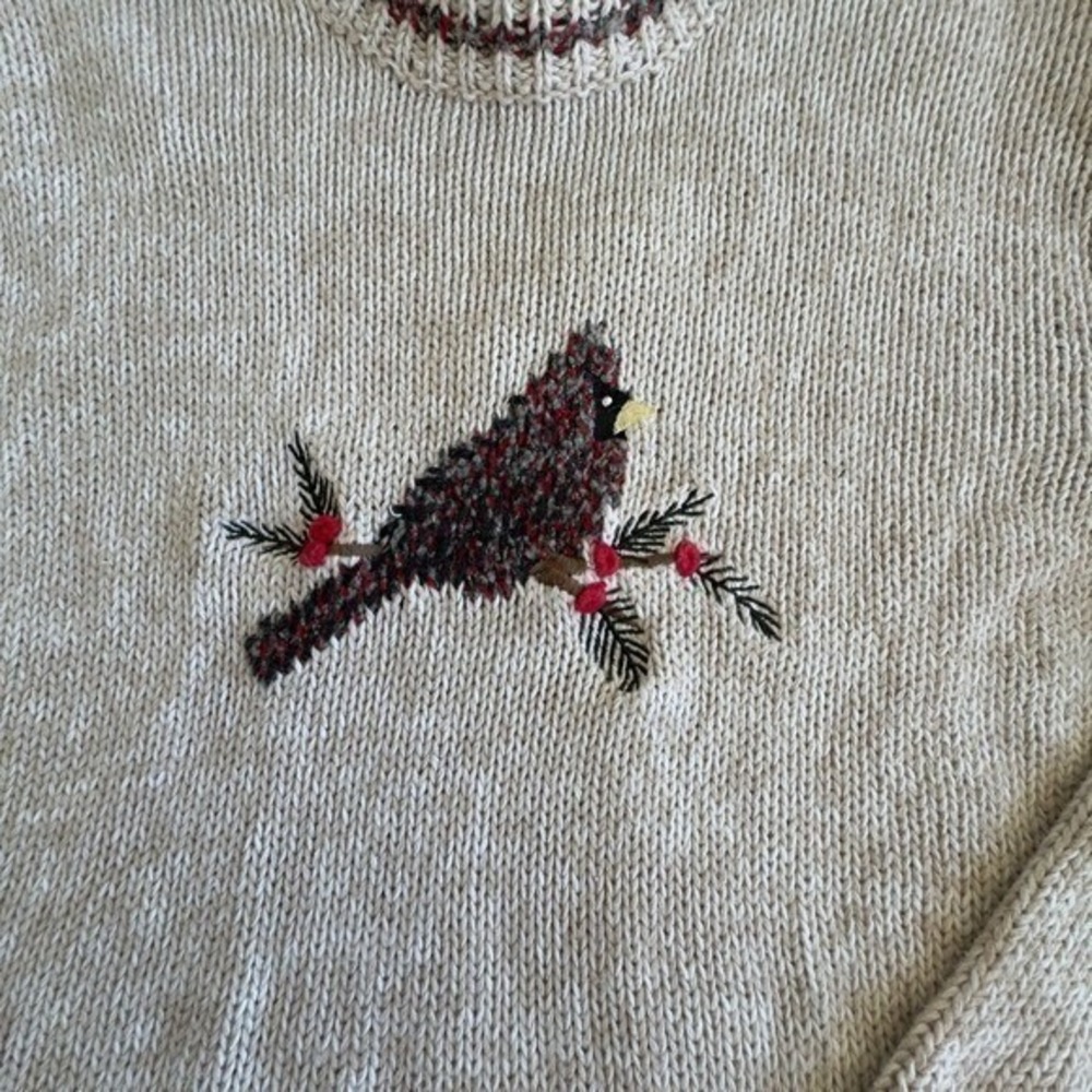 Christopher & Banks Cardinal Embroidered Sweater Tan Red Winter Holiday Medium - Picture 3 of 5